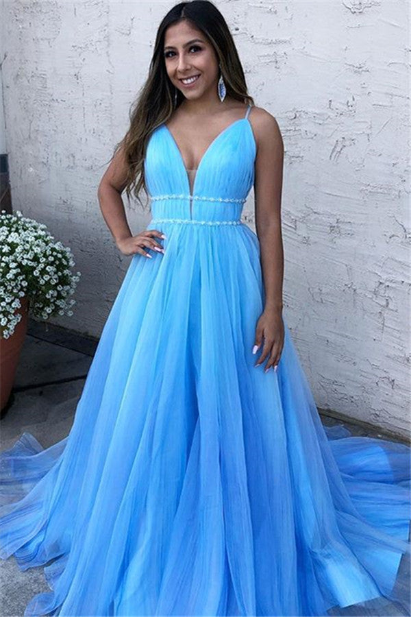 Sky Blue Spaghetti-Straps A-Line Tulle Sleeveless Prom Party Gowns-showprettydress