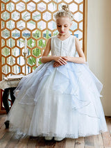 Sky Light Blue V-Neck Sleeveless Tulle Polyester Bows Kids Social Party Dresses-showprettydress