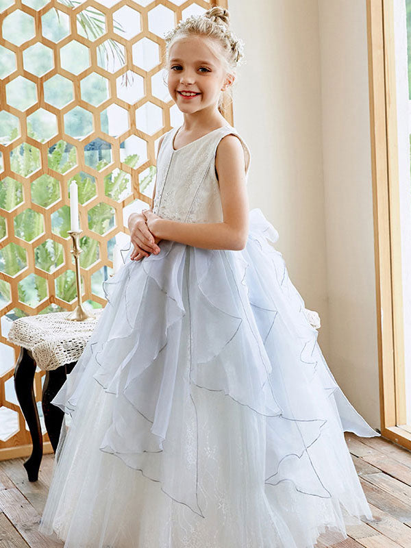 Sky Light Blue V-Neck Sleeveless Tulle Polyester Bows Kids Social Party Dresses-showprettydress