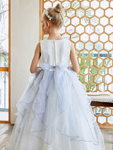 Sky Light Blue V-Neck Sleeveless Tulle Polyester Bows Kids Social Party Dresses-showprettydress