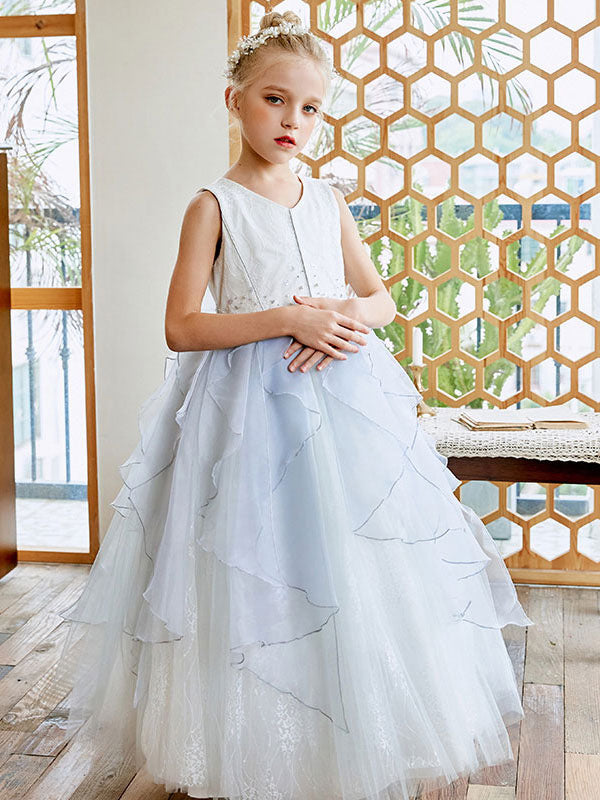 Sky Light Blue V-Neck Sleeveless Tulle Polyester Bows Kids Social Party Dresses-showprettydress