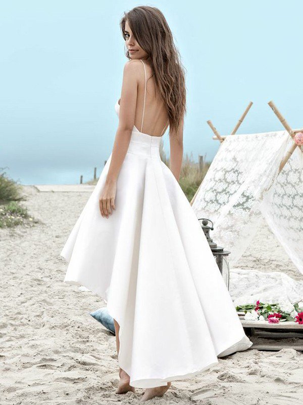 Sleeveless A Line Asymmetrical Satin Spaghetti Straps Ruched Wedding Dresses-showprettydress