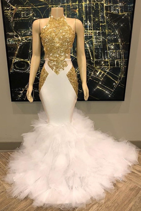 Sleeveless Golden Appliques Tulle Button Mermaid Prom Dresses-showprettydress