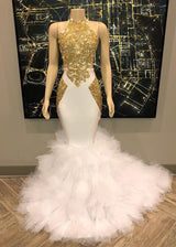 Sleeveless Golden Appliques Tulle Button Mermaid Prom Dresses-showprettydress