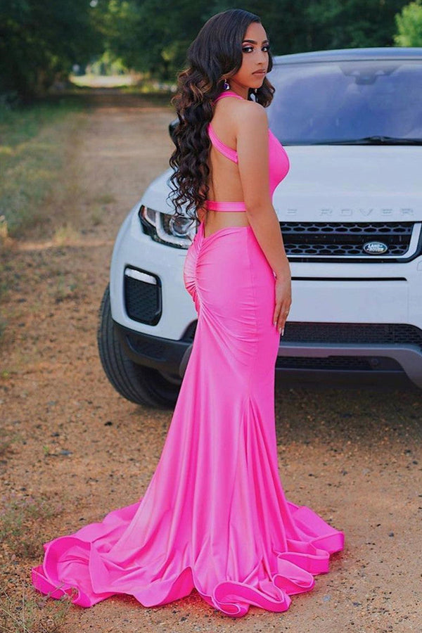 Sleeveless Hot pink Criss-cross back Mermaid Long Train Prom Dresses-showprettydress