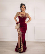 Sleeveless Velvet Burgundy Mermaid Prom Party GownsTassel Gold Appliques Evening Gown with Front Split-showprettydress