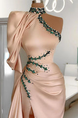 Slit Beading Satin Long Prom Dress One Shoulder With Long Sleeve On One Side-showprettydress