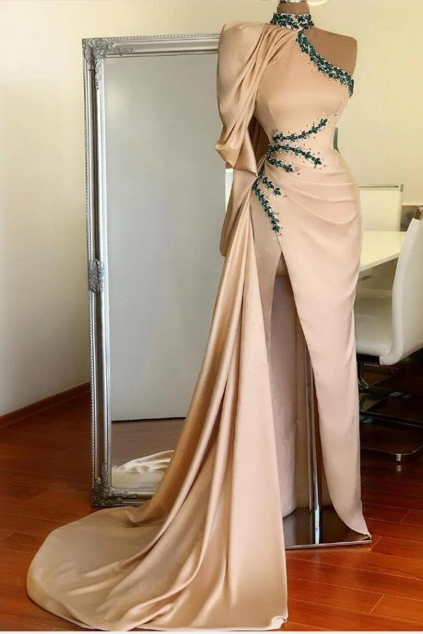 Slit Beading Satin Long Prom Dress One Shoulder With Long Sleeve On One Side-showprettydress