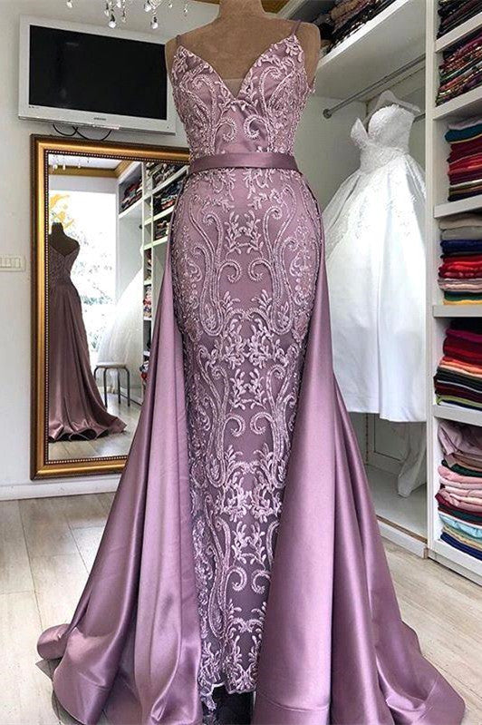 Spaghetti Strap Lilac Sleeveless Evening Dress with Overskirt Chic V-back Prom Party Gowns with gorgeous Lace appliques-showprettydress