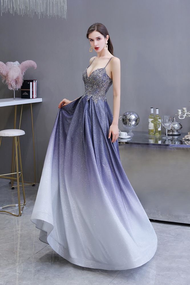 Spaghetti Strap Ombre Pruple Sparkle Prom Dresses-showprettydress