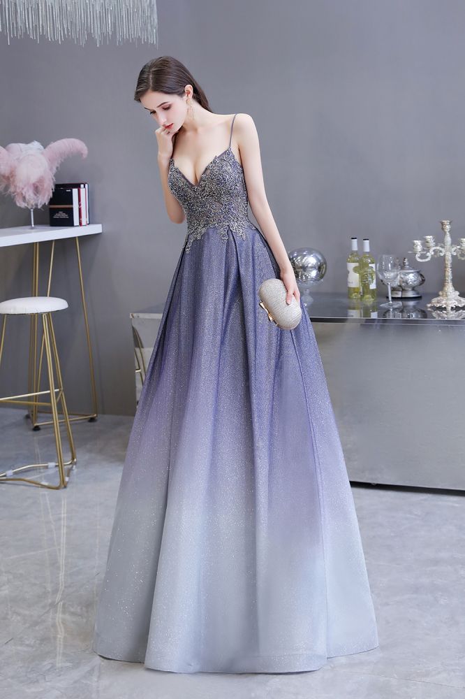 Spaghetti Strap Ombre Pruple Sparkle Prom Dresses-showprettydress