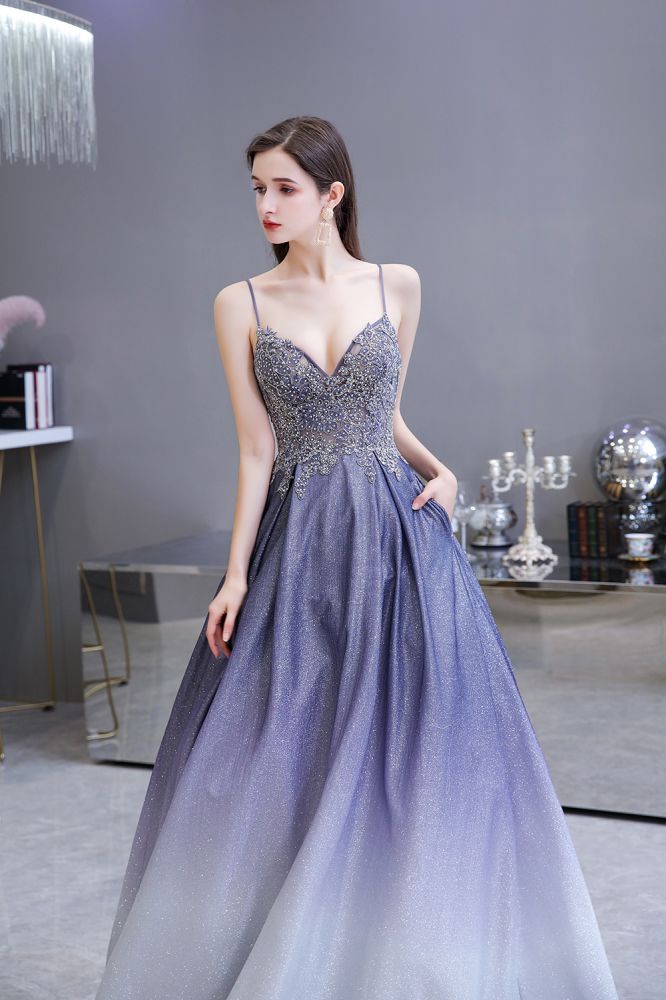 Spaghetti Strap Ombre Pruple Sparkle Prom Dresses-showprettydress