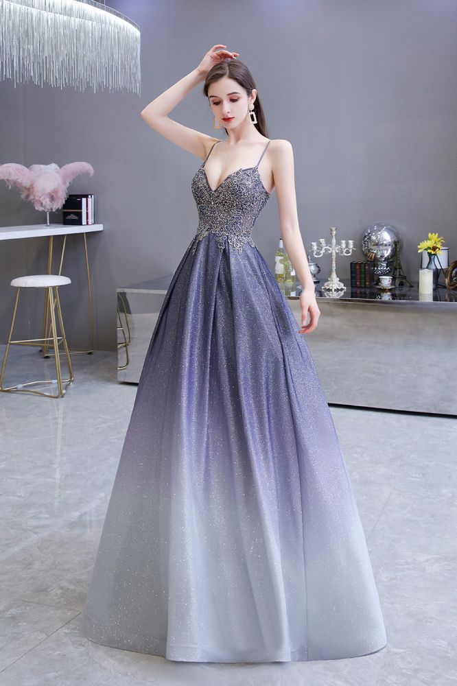 Spaghetti Strap Ombre Pruple Sparkle Prom Dresses-showprettydress