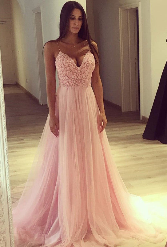 Spaghetti Strap V-Neck Pink Prom Party GownsLong Tulle Party Gowns-showprettydress