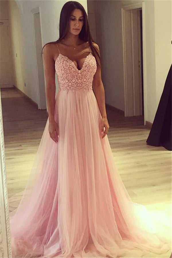 Spaghetti Strap V-Neck Pink Prom Party GownsLong Tulle Party Gowns-showprettydress