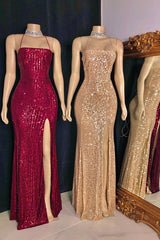 Spaghetti-straps Criss-cross Long Slit Sequins Mermaid Prom Dresses-showprettydress