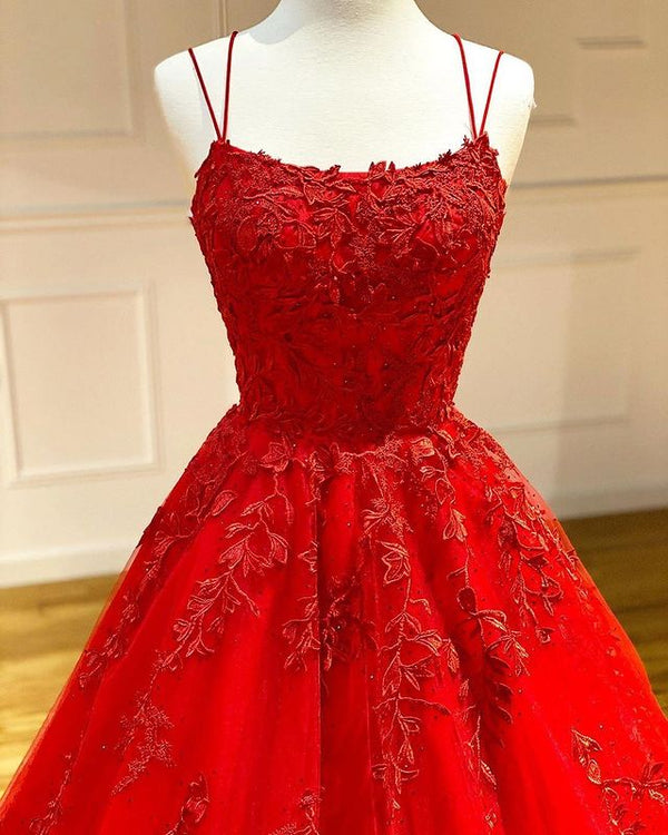 Spaghetti Straps Floral Lace Aline Evening Gown Sleeveless Prom Party Gowns-showprettydress