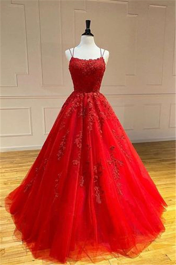 Spaghetti Straps Floral Lace Aline Evening Gown Sleeveless Prom Party Gowns-showprettydress