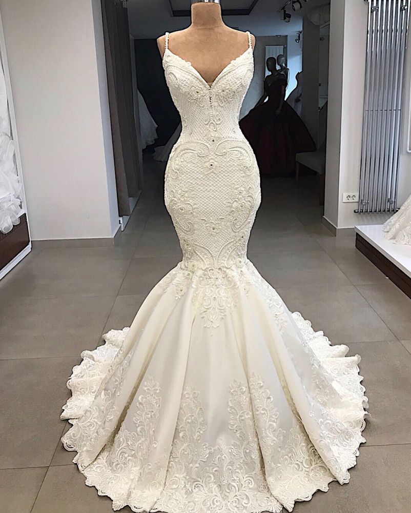 Spaghetti Straps Lace Fit and Flare Wedding Dresses Overskirt Appliques ...