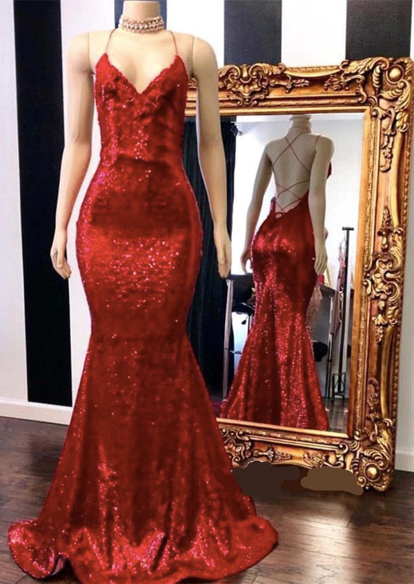 Spaghetti Straps Lace-up Red Sequins V-neck Mermaid Prom Dresses-showprettydress