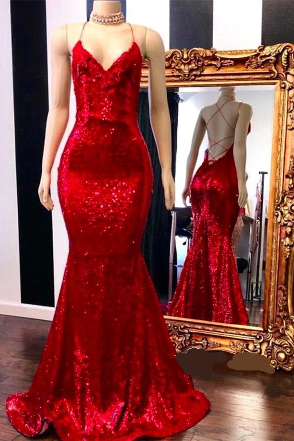 Spaghetti Straps Lace-up Red Sequins V-neck Mermaid Prom Dresses-showprettydress