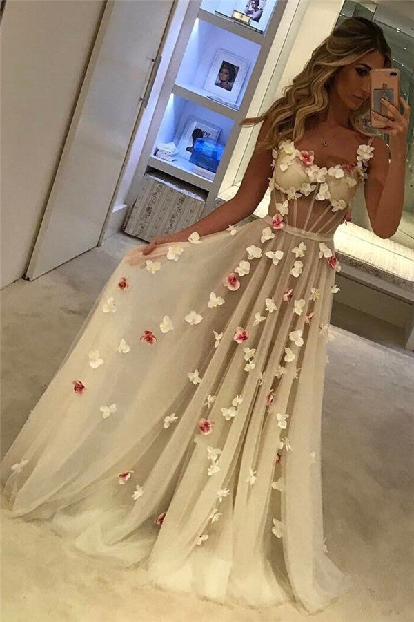 Spaghetti Straps Open Back Flowers Chic Evening Gown Corset Illusion Tulle Prom Party Gowns-showprettydress