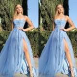 Spaghetti Straps Sexy Blue Prom Dress Applique Long With Split-showprettydress