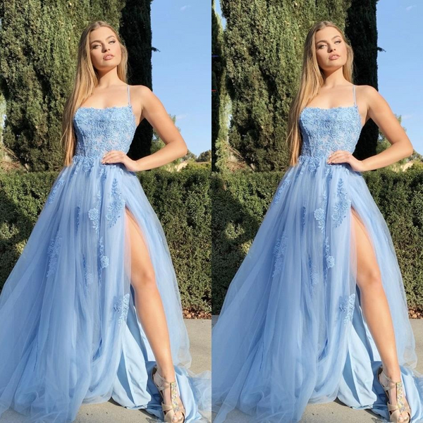 Spaghetti Straps Sexy Blue Prom Dress Applique Long With Split-showprettydress