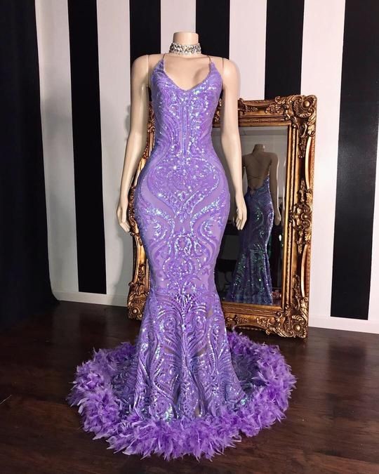 Spaghetti V-neck Sequins Floor Length Fur Train Mermaid Prom Dresses-showprettydress