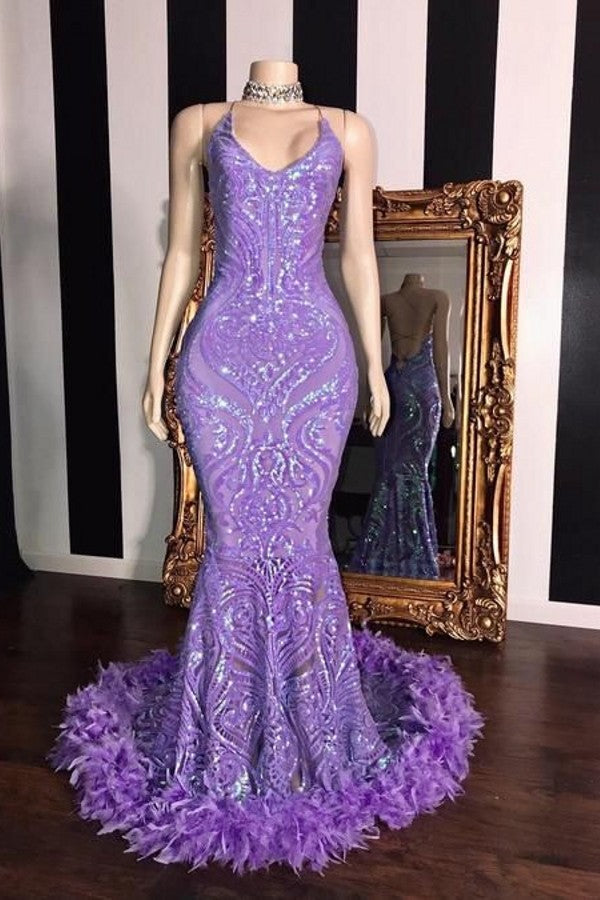 Spaghetti V-neck Sequins Floor Length Fur Train Mermaid Prom Dresses-showprettydress