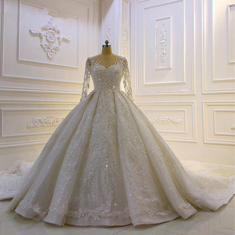 Sparkle 3D Lace Appliques Long Sleevess Church Train Wedding Dress-showprettydress