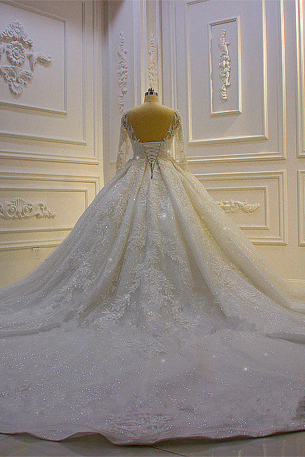 Sparkle 3D Lace Appliques Long Sleevess Church Train Wedding Dress-showprettydress