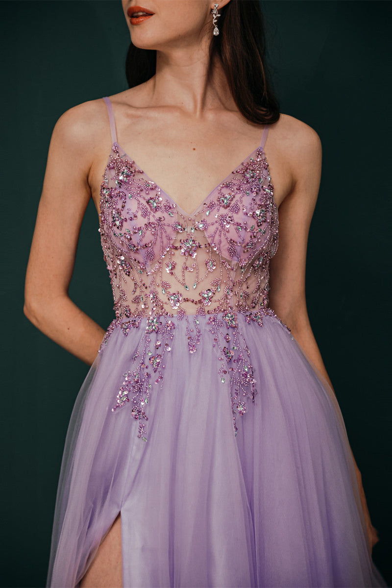 Sparkle Lilac Tulle High-split Spaghetti Strap Prom Dress