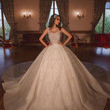 Sparkle Luxurious Ball Gown Square Neck Tulle Long Train Wedding Dress-showprettydress