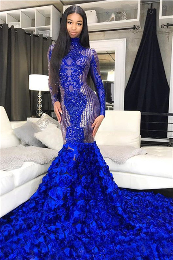 Sparkle Sequins Blue Flowers Fit and Flare Prom Dresses Appliques High Neck Long Sleeves Evening Gowns-showprettydress