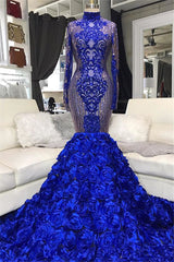 Sparkle Sequins Blue Flowers Fit and Flare Prom Dresses Appliques High Neck Long Sleeves Evening Gowns-showprettydress