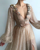 Sparkle Sequins Long Sleevess Prom Party Gowns| Chic V-neck Front Slit Long Prom Party Gowns-showprettydress