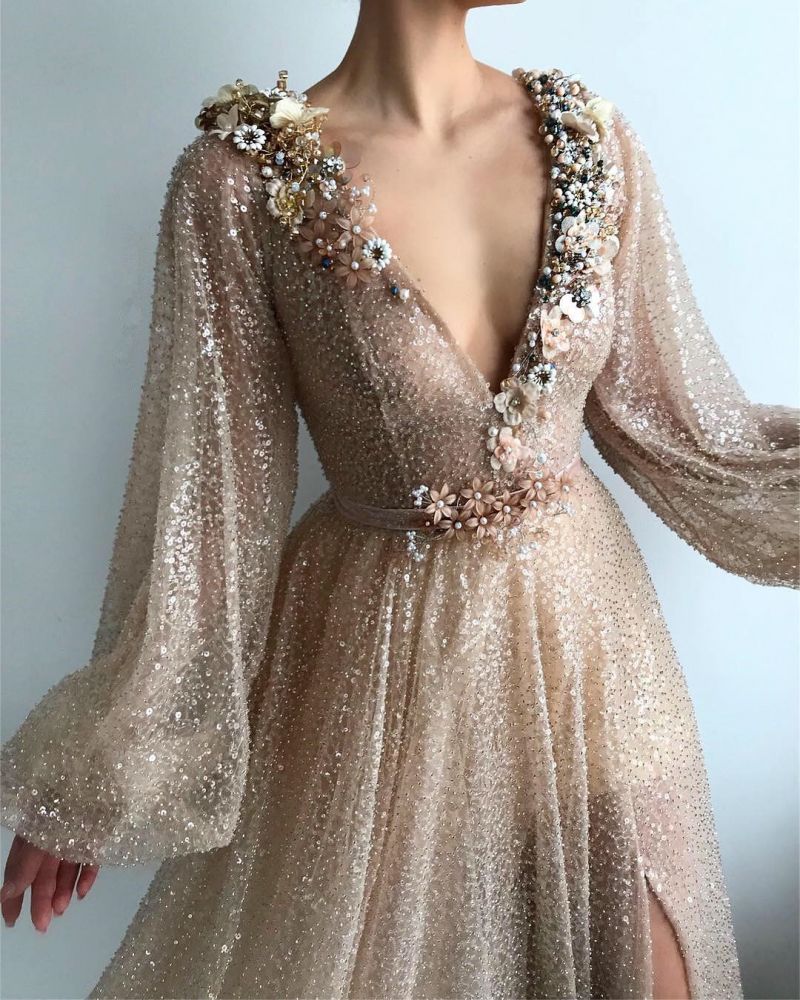 Sparkle Sequins Long Sleevess Prom Party Gowns| Chic V-neck Front Slit Long Prom Party Gowns-showprettydress