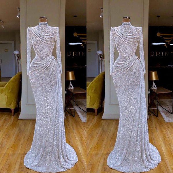 Sparkle White Long Mermaid Sequin Pleated Prom Dress with Sleeves-showprettydress