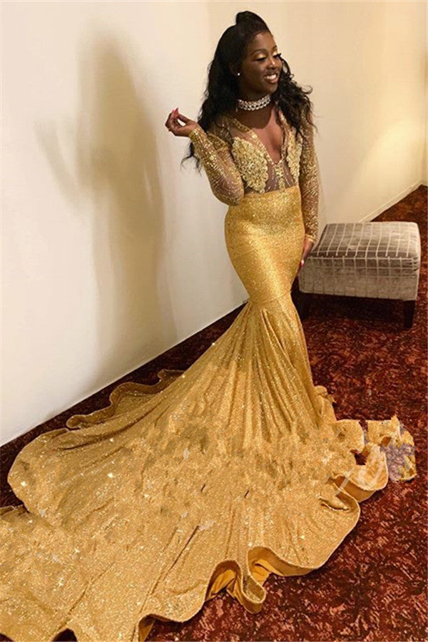 Sparkling Appliques Fit and Flare Prom Dresses Alluring Chic V-neck Gold Long Sleeves Evening Gowns-showprettydress