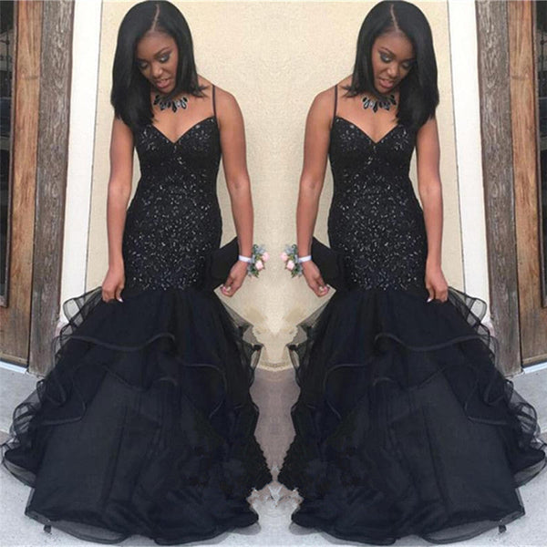 Sparkling Sequins Chic Straps Black Prom Party Gowns| Ruffled Tiered Puffy Tulle Graduation Dresses-showprettydress