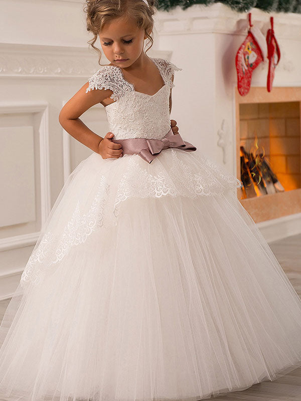 Square Neck Lace Short Sleeves Ankle Length Ball Gown Bows Kids Pageant flower girl dresses-showprettydress