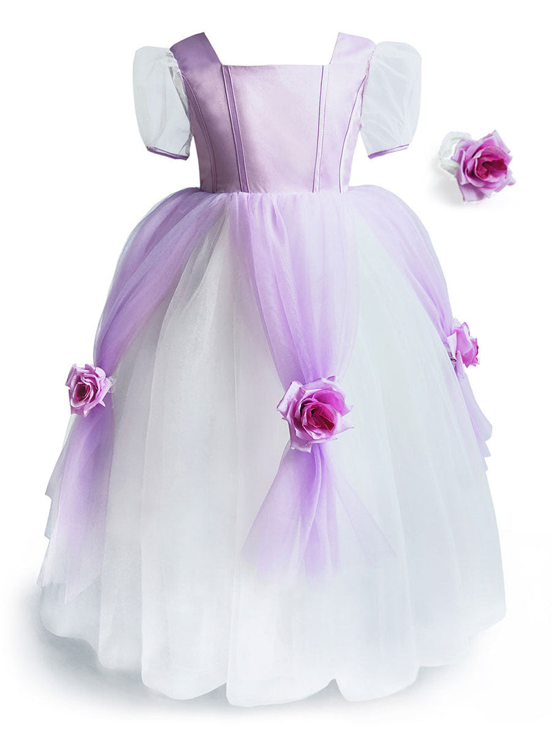 Square Neck Taffeta Short Sleeves Ankle Length Princess Flowers Kids Social Party Dresses-showprettydress