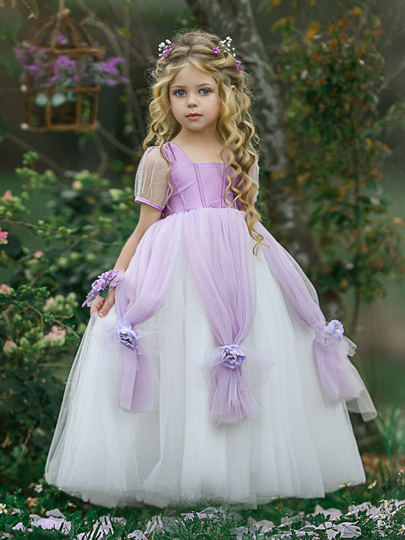 Square Neck Taffeta Short Sleeves Ankle Length Princess Flowers Kids Social Party Dresses-showprettydress