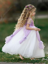 Square Neck Taffeta Short Sleeves Ankle Length Princess Flowers Kids Social Party Dresses-showprettydress