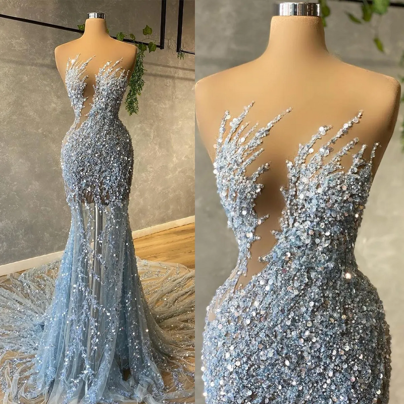 Strapless Hot Sequin Sparkle Beaded Column Court Train Prom Dresses-showprettydress