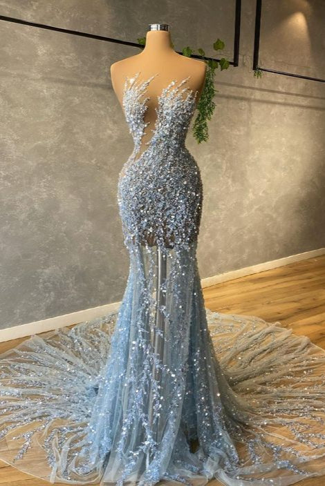 Strapless Hot Sequin Sparkle Beaded Column Court Train Prom Dresses-showprettydress