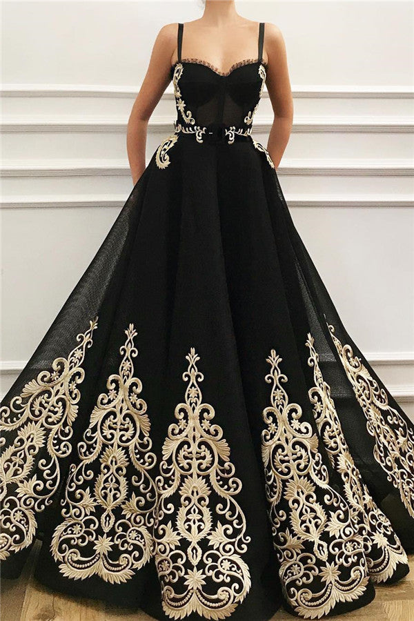 Straps Sweetheart Black Tulle Prom Party Gowns| Charming Sleeveless Champagne Appliques Long Prom Party Gowns-showprettydress