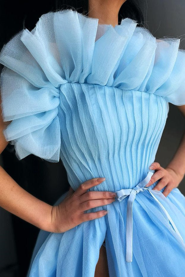 Stunning Blue Long A-line Tulle Prom Dress With Slit-showprettydress