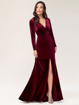 Stunning Burgundy Evening Dress Sheath Long Sleeve V-Neck Velour Social Party Dresses-showprettydress